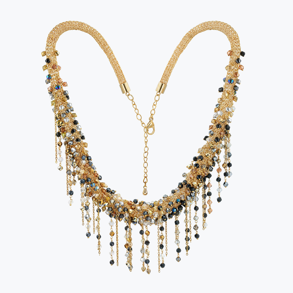 Gold handknitted wire mesh collar necklace adorned with dark metallic, bronze, and charcoal reflective crystals.