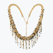 Gold handknitted wire mesh collar necklace adorned with dark metallic, bronze, and charcoal reflective crystals.