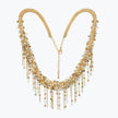Handknitted wire mesh collar necklace featuring gold, champagne, and clear premium crystals with fringe details.