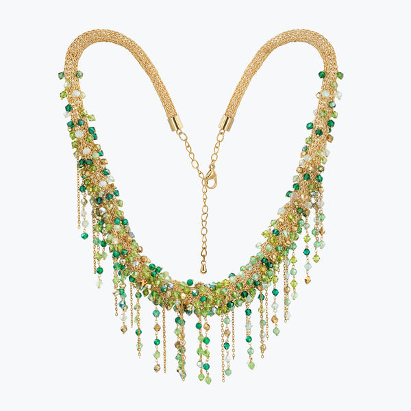 Gold handknitted wire collar necklace with individually hanging crystals in emerald, olive, and mint green tones.