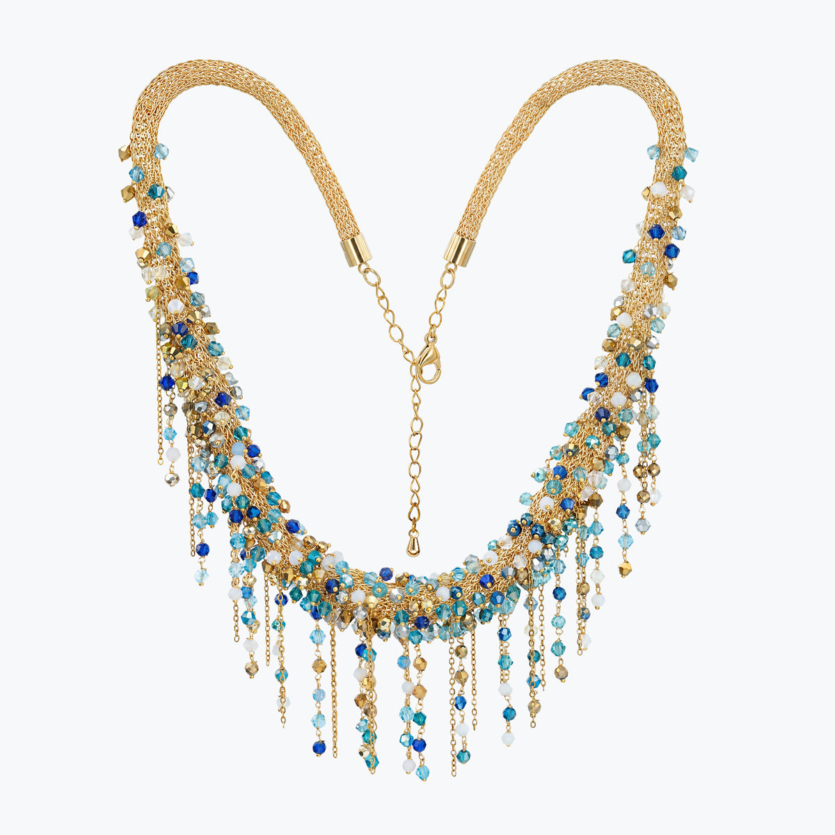 Handknitted wire collar necklace in gold with blue, turquoise, and white individually hanging crystals.