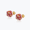 Gold cluster stud earrings with individually hanging crystals in shades of red and pink.