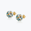 Handknitted wire ball stud earrings in gold with various shade of blue premium crystals.