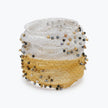 Silver gold distorted cuff bracelet with a slender handknitted wire mesh adorned with bronze, jet hematite and silver premium crystals.