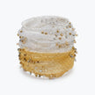 Silver gold distorted cuff bracelet featuring a slender handknitted wire mesh embedded with clear and champagne premium crystals.