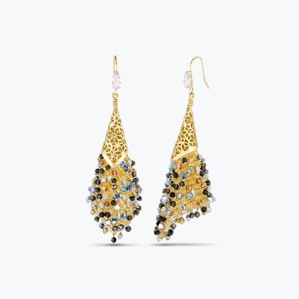 Gold drop earrings composed of handknitted wire cone and individually hanging gunmetal, bronze, and black premium crystals.