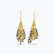Gold drop earrings composed of handknitted wire cone and individually hanging gunmetal, bronze, and black premium crystals.