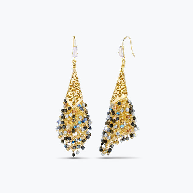 Gold drop earrings composed of handknitted wire cone and individually hanging gunmetal, bronze, and black premium crystals.
