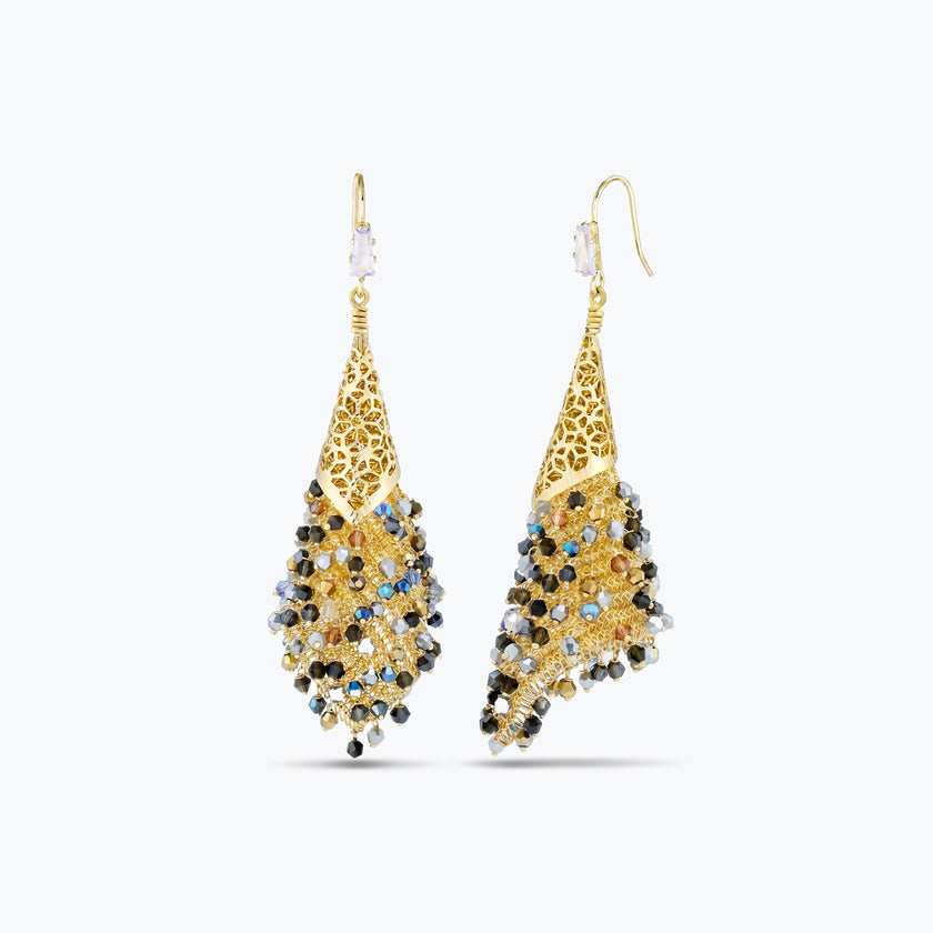 Gold drop earrings composed of handknitted wire cone and individually hanging gunmetal, bronze, and black premium crystals.