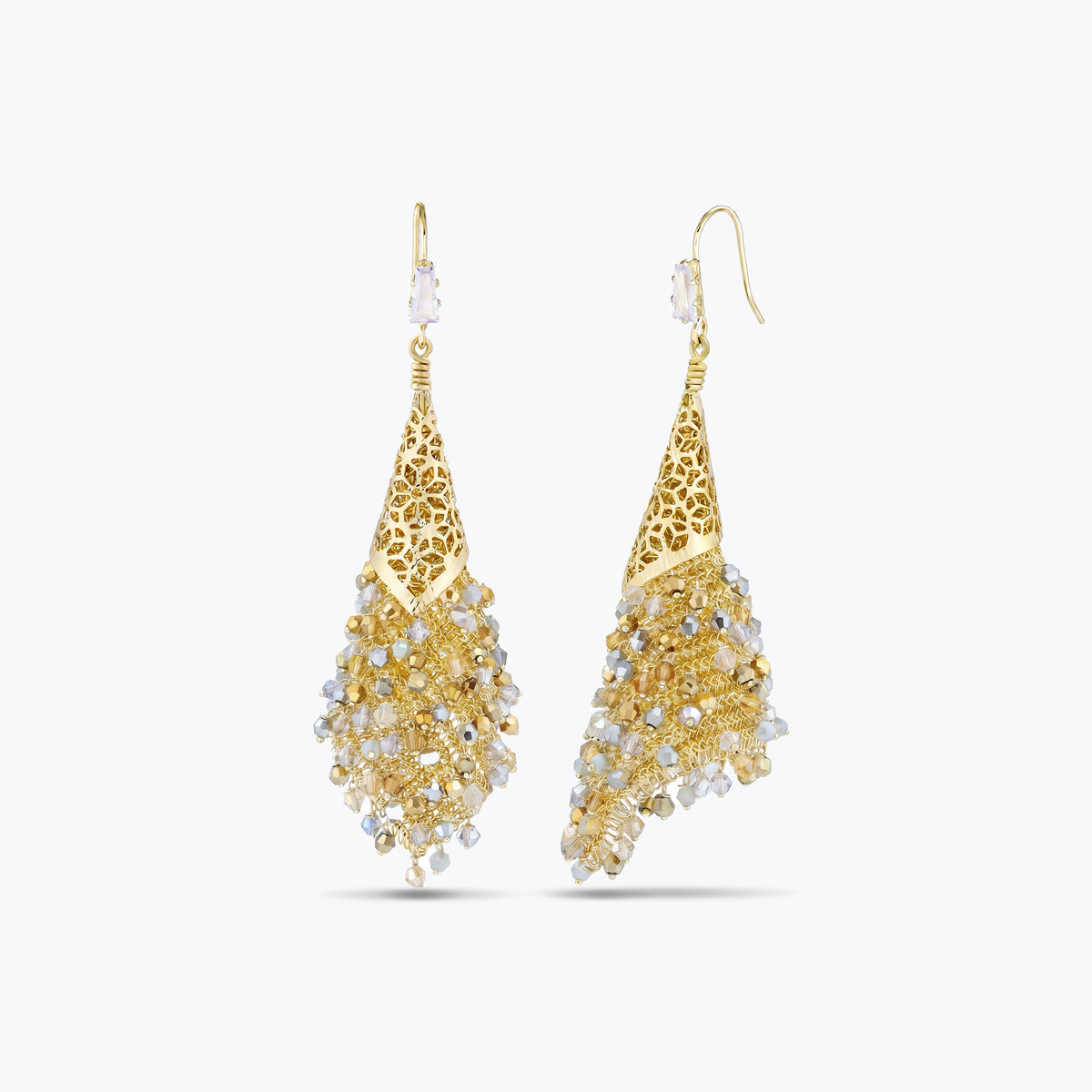 Gold drop earrings with a handknitted wire cone and a cascade of individually hanging champagne, gold and silver reflective crystals.