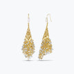 Gold drop earrings with a handknitted wire cone and a cascade of individually hanging champagne, gold and silver reflective crystals.