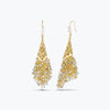 Gold drop earrings with a handknitted wire cone and a cascade of individually hanging champagne, gold and silver reflective crystals.