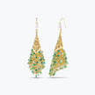 Gold drop earrings with a handknitted wire cone and a cascade of individually hanging green reflective crystals.