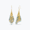 Gold drop earrings with a handknitted wire cone and a cascade of individually hanging blue reflective crystals.