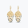 Gold drop earrings with a diamond handknitted wire mesh square panel and draped chains of bronze, grey, and black crystals.