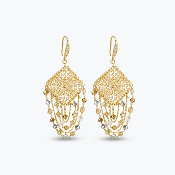 Gold drop earrings featuring a diamond-patterned handknitted wire square panel and tiered strands of premium gold crystals.
