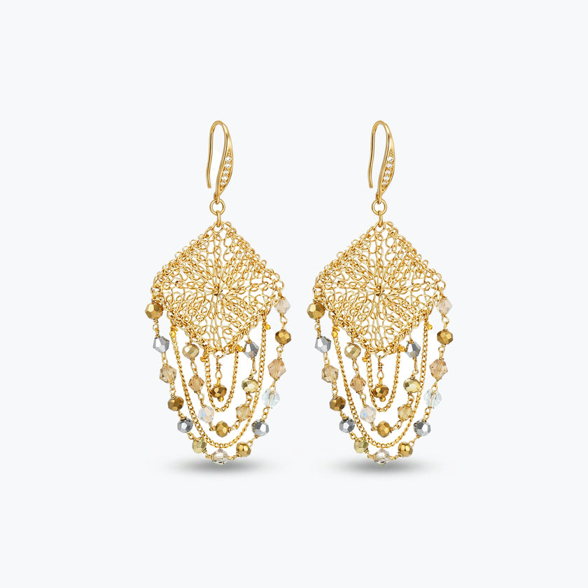 Gold drop earrings featuring a diamond-patterned handknitted wire square panel and tiered strands of premium gold crystals.
