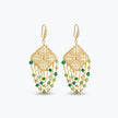 Gold drop earrings showcasing a diamond-shaped handknitted wire square panel with suspended rows of green premium crystals.

