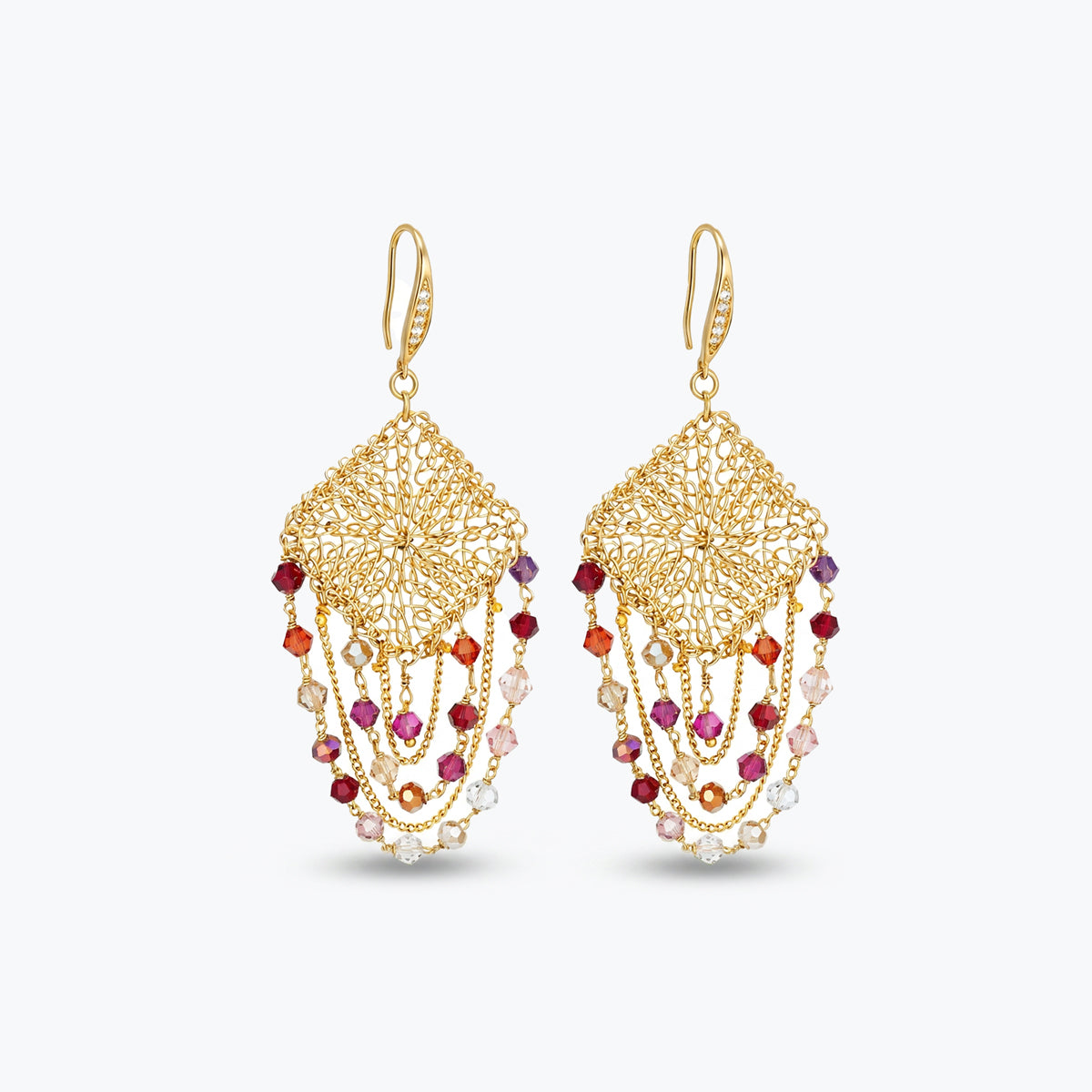 Gold drop earrings featuring a diamond handknitted wire mesh square panel with hanging strands of pink and red crystals.
