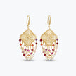 Gold drop earrings featuring a diamond handknitted wire mesh square panel with hanging strands of pink and red crystals.