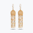 Gold drop earrings featuring a spherical handknitted wire mesh cap and straight tassel lines of clear premium crystals.