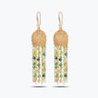 Gold drop earrings showcasing a round handknitted wire sphere with long hanging tassel chains of green crystals.