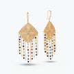 Gold drop earrings featuring a  handknitted wire mesh rhombus panel and tassel strands of metallic gray premium crystals.