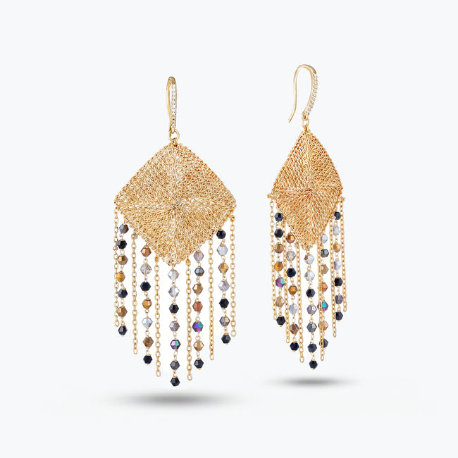Gold drop earrings featuring a  handknitted wire mesh rhombus panel and tassel strands of metallic gray premium crystals.