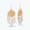 Gold drop earrings featuring a  handknitted wire mesh rhombus panel and tassel strands of metallic gray premium crystals.