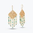 Gold drop earrings with a handknitted wire rhombus panel and layered green and emerald individually hanging crystals.
