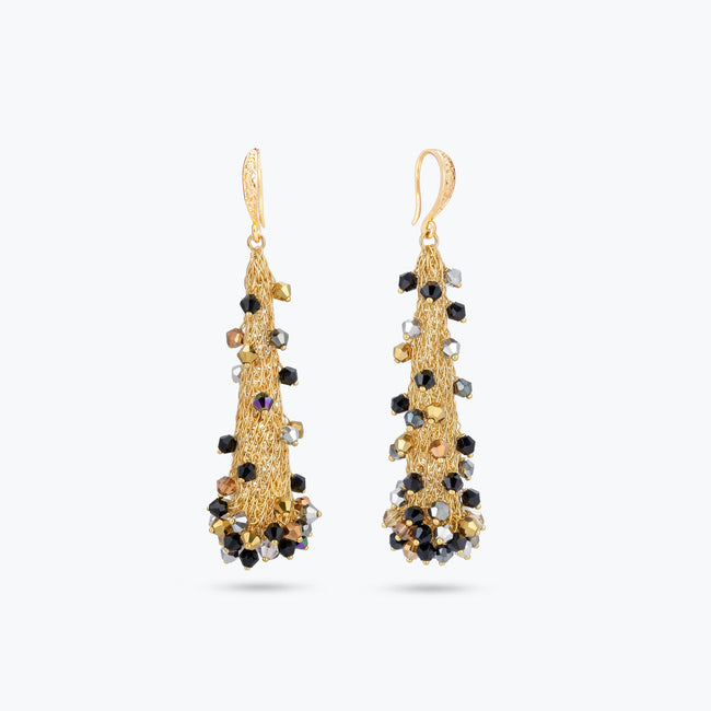 Handknitted wire mesh coned earrings studded with individually hanging crystals in black, bronze, and silver.