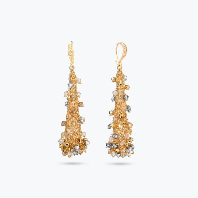 Coned handknitted wire earrings woven with premium crystals in metallic gold, silver, and clear tones.