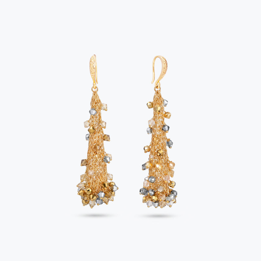 Coned handknitted wire earrings woven with premium crystals in metallic gold, silver, and clear tones.