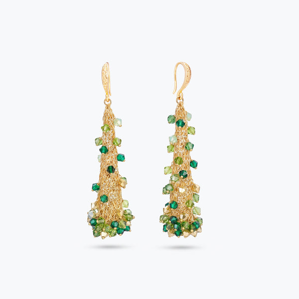Conical earrings made of handknitted wire mesh featuring reflective crystals in shades of green and gold.