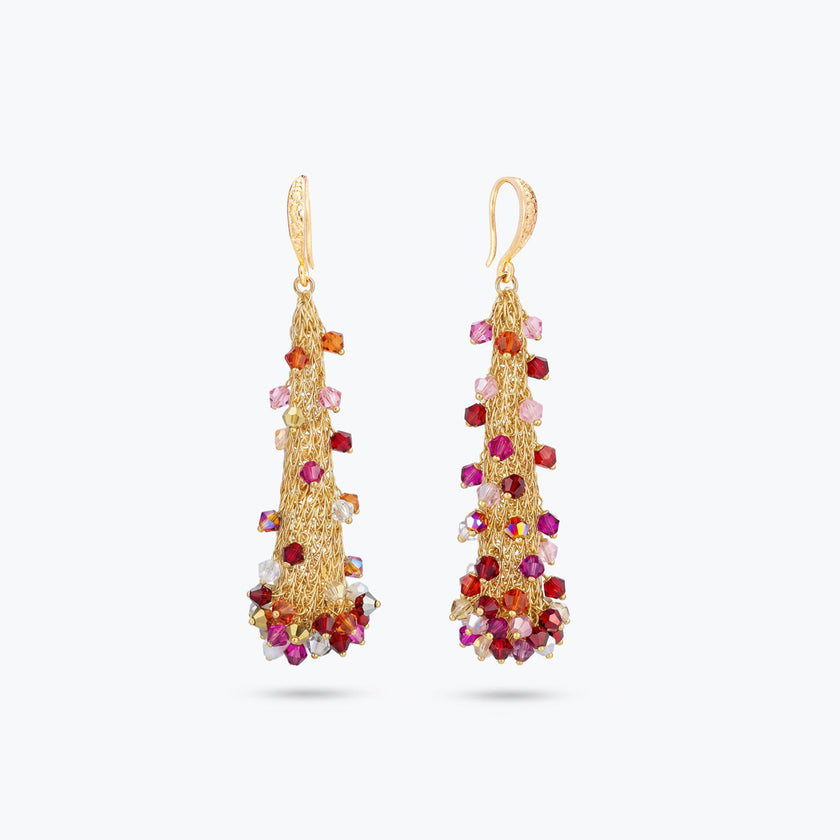 Elongated cone handknitted wire mesh earrings accented with vibrant red, pink, and gold premium crystals.