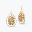 Gold drop earrings showcasing a handknitted wire mesh teardrop shape with hanging champagne and clear premium crystals.