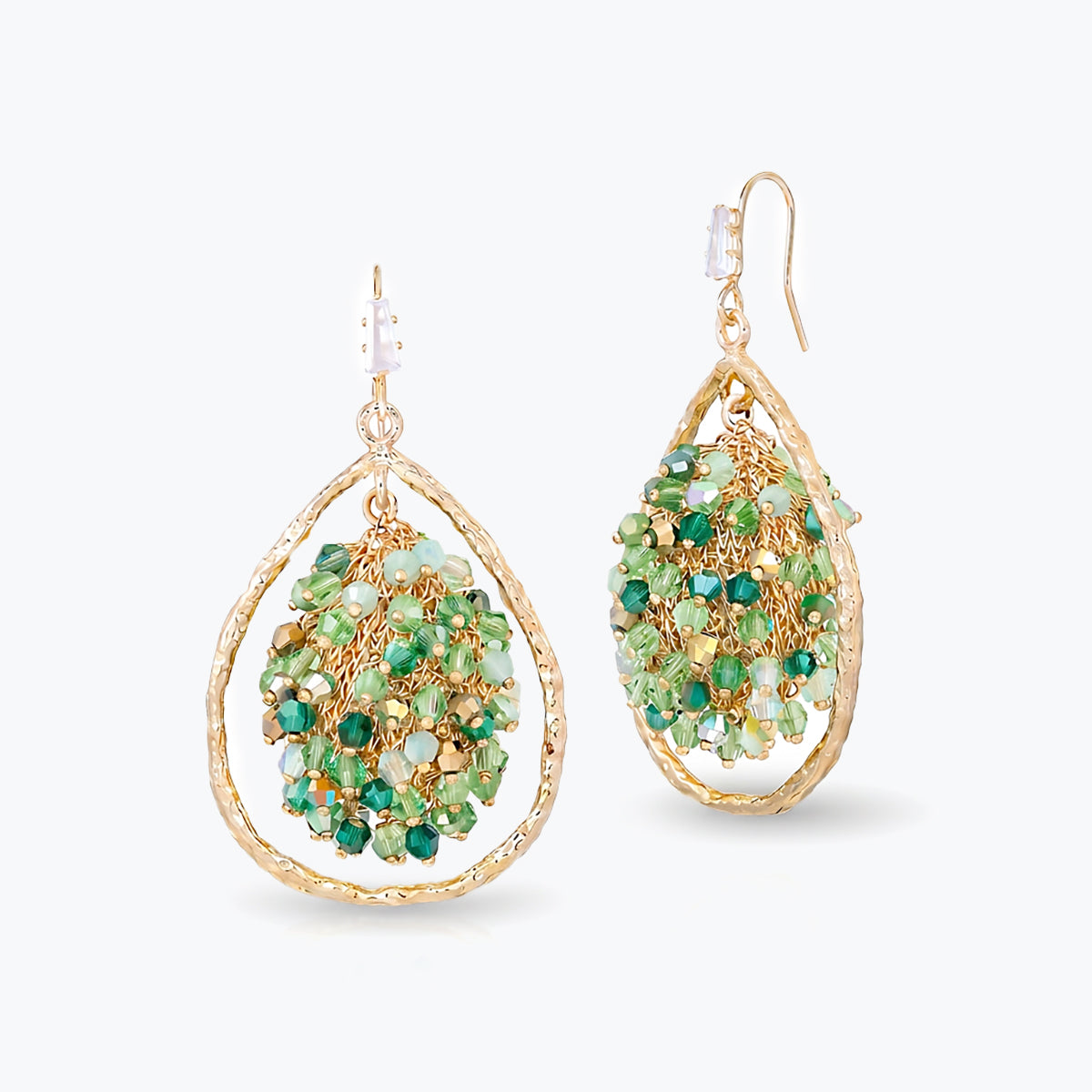 Green drop earrings featuring handknitted wire mesh teardrop shape with dangling fuchsia and green premium crystals.