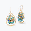 Gold drop earrings featuring a  handknitted wire mesh teardrop shape with dangling blue and silver premium crystals.