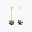 Gold drop earrings featuring a handknitted wire mesh ball with hanging bronze, gray, and black premium crystals.
