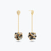 Gold drop earrings featuring a handknitted wire mesh ball with hanging bronze, gray, and black premium crystals.
