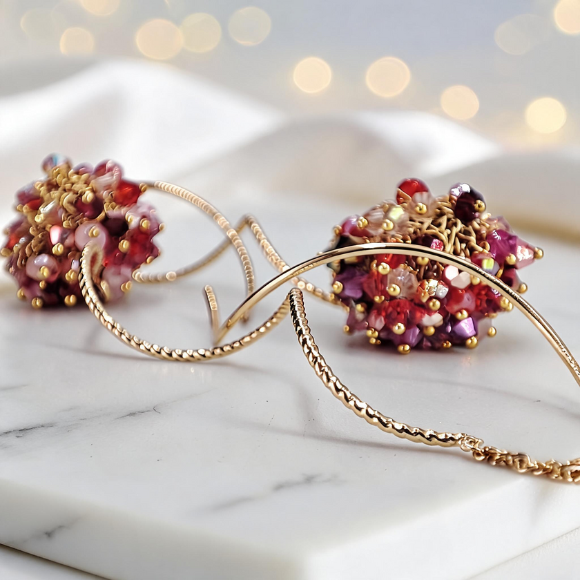 Gold spiral drop earrings with a rounded bunch of premium crystals in red, pink, and orange tones.