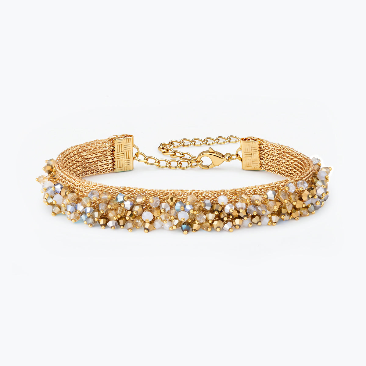 Gold handknitted wire mesh bracelet with reflective crystals in champagne, clear, and gold tones.