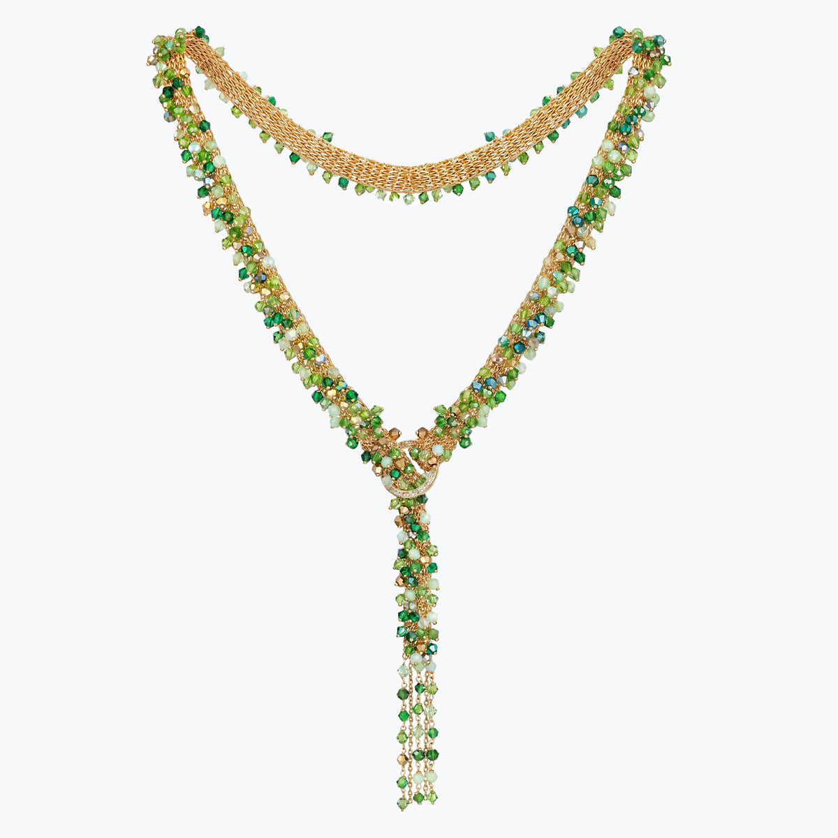 Gold bolo-tie necklace in handknitted wire mesh layered with emerald, olive green, and yellow premium crystals.