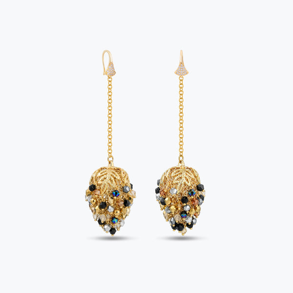 Gold drop earrings featuring a handknitted wire mesh cluster adorned with premium crystals in metallic bronze, black and silver.