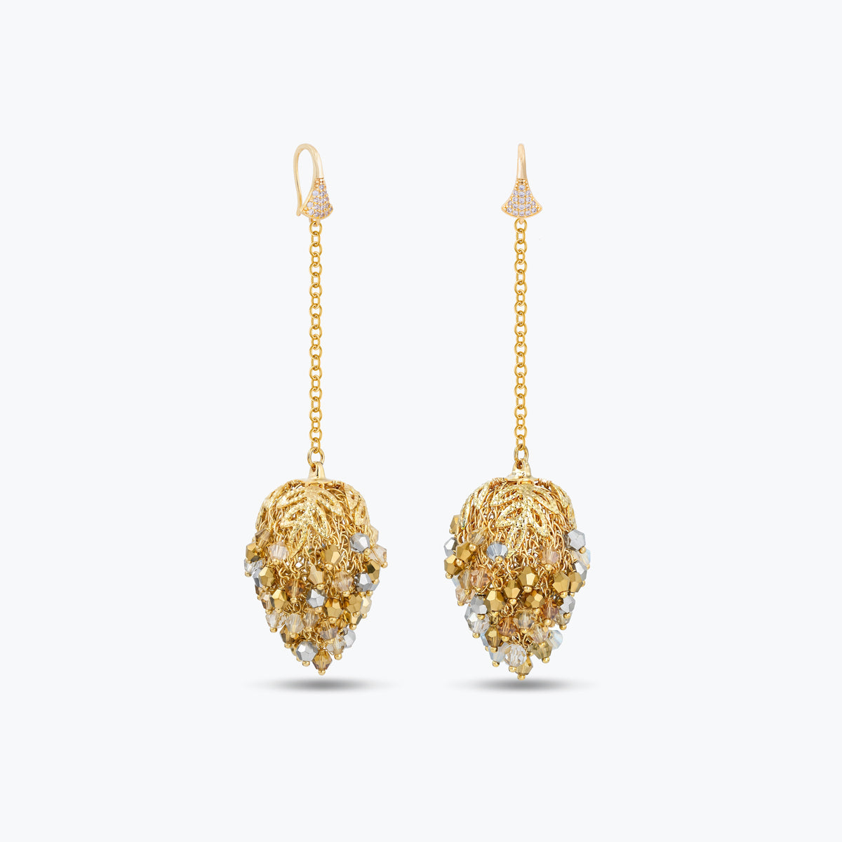 Elegant gold drop earrings with handknitted wire pods and individually hanging crystals in soft champagne gold tones.