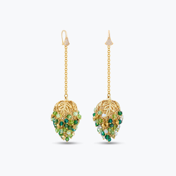 Dangle drop earrings in gold with handknitted wire accents and reflective crystals in vibrant shades of green.
