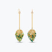 Dangle drop earrings in gold with handknitted wire accents and reflective crystals in vibrant shades of green.
