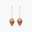 Long gold drop earrings featuring a handknitted wire mesh pod tightly packed with red and pink premium crystals.