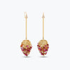 Long gold drop earrings featuring a handknitted wire mesh pod tightly packed with red and pink premium crystals.
