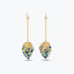 Long gold chain drop earrings with a handknitted wire mesh pod cluster of blue shades premium crystals.